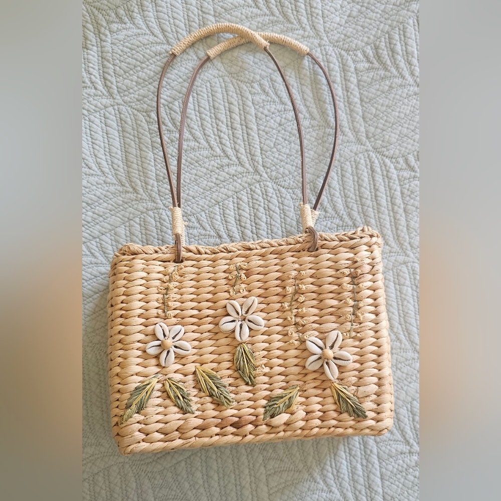 Handcrafted Floral Embellished Straw Bag